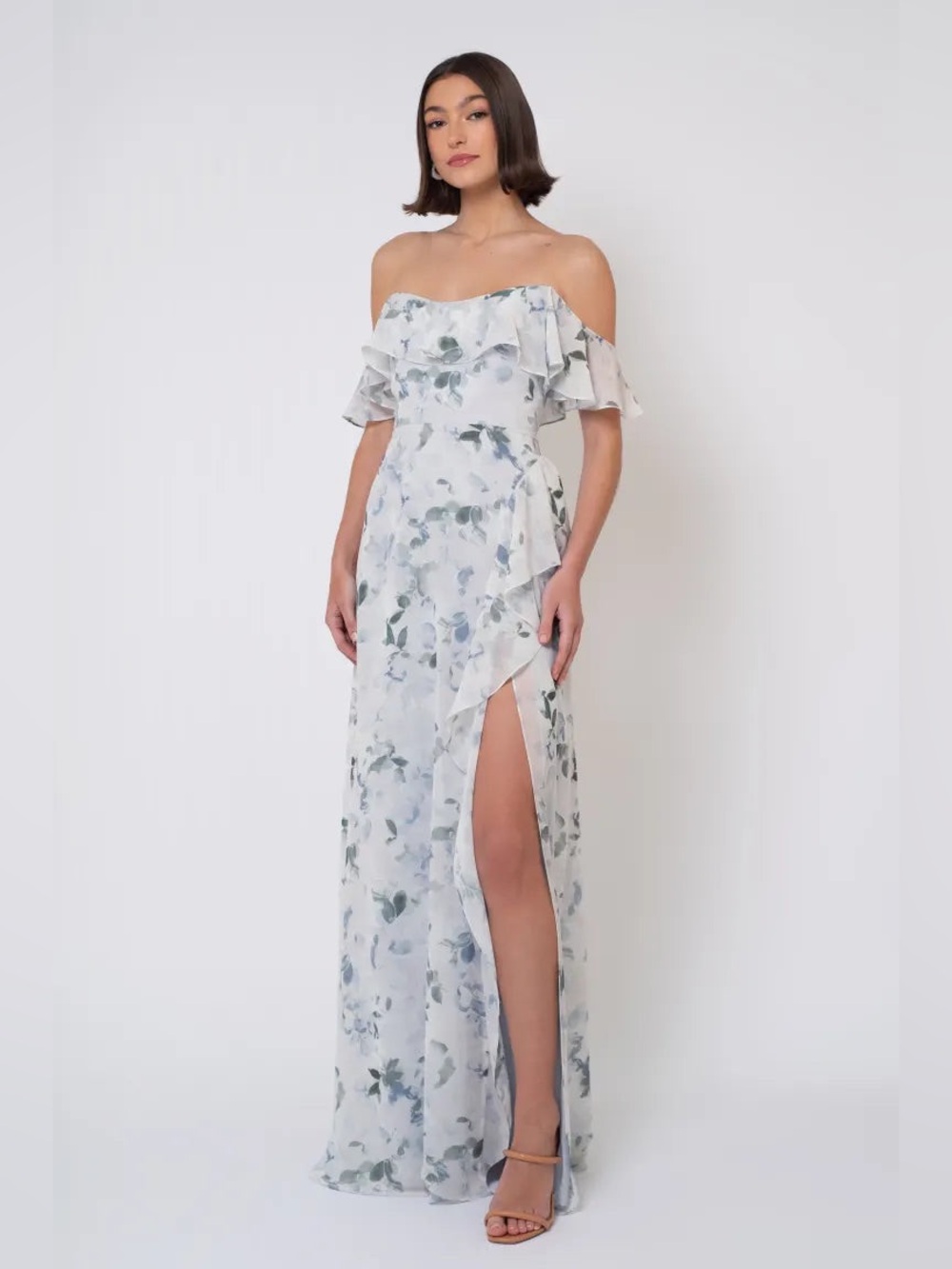 Jenny Yoo Salma Off-Shoulder Floral Maxi Dress in Desert Blue multi size 19